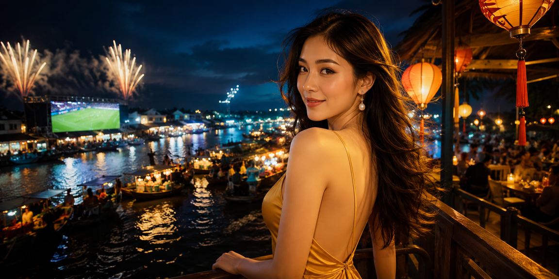 Người dùng tại Hội An xem lịch thi đấu và đặt cược thể thao dưới ánh đèn lồng buổi tối