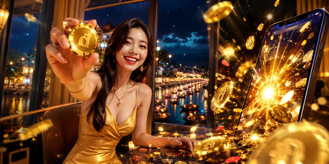 Người chơi dùng điện thoại tham gia casino trực tuyến tại lễ hội Hội An về đêm